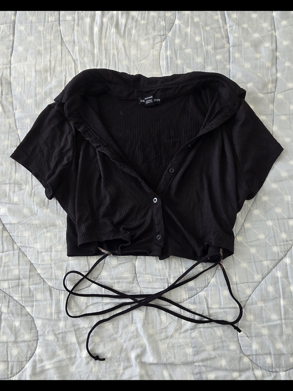 Streetwear Society Black Ribbed Cropped Button-Front Top with Wrap Ties